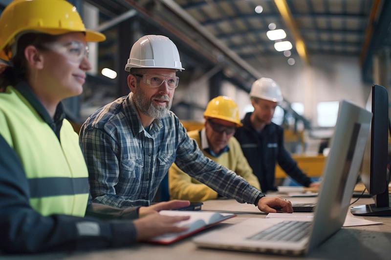 Mitarbeiter Bauhelm Halle Laptop Bauunternehmen Planung Polier
